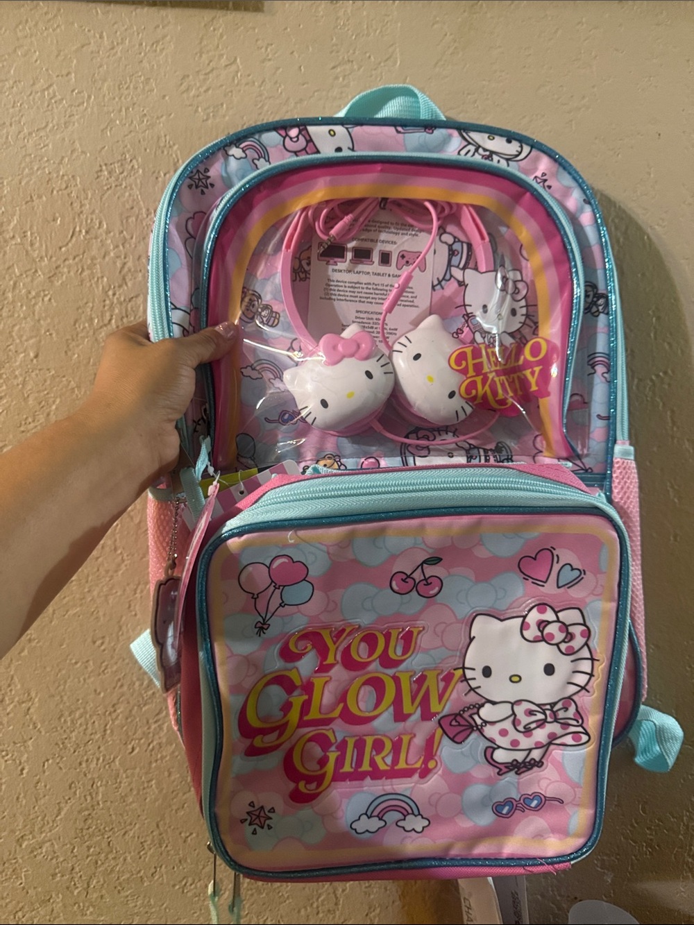 Hello Kitty Pink & Light Blue Kids Backpack with Headphones